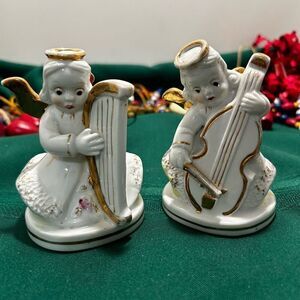 Vintage Set of 2 Figurines 4" White Gold Angels Playing Harp and Cello Japan